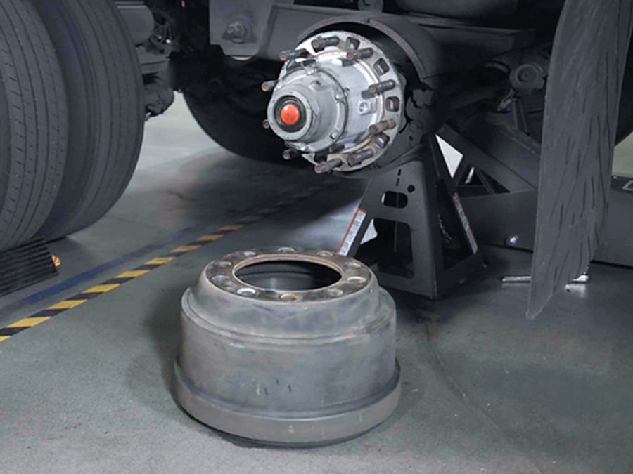 Trailer brake drum removed for service